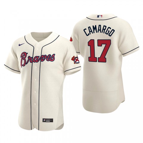 Mens Atlanta Braves #17 Johan Camargo Nike Cream Alternate Flex Base Jersey 