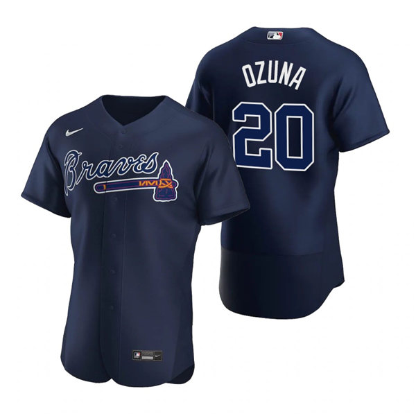 Mens Atlanta Braves #20 Marcell Ozuna Nike Navy Alternate 2nd FlexBase Jersey 