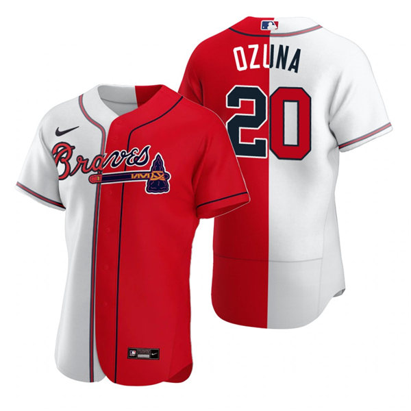 Mens Atlanta Braves #20 Marcell Ozuna Nike Red White Split Two-Tone Jersey