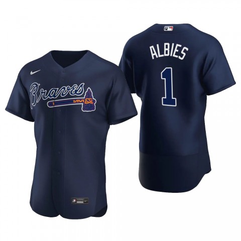 Mens Atlanta Braves #1 Ozzie Albies Nike Navy Alternate 2nd FlexBase Jersey 