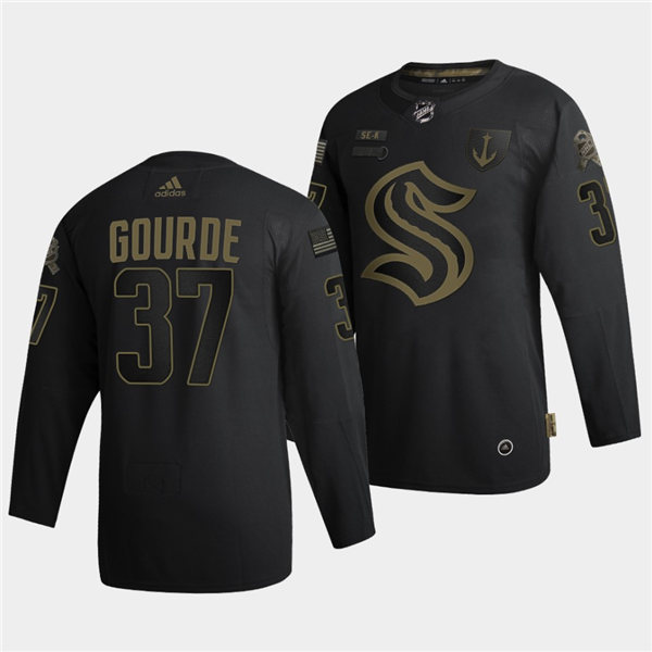 Mens Seattle Kraken #37 Yanni Gourde  Adidas 2021-22 Black Military Appreciation Night Jersey