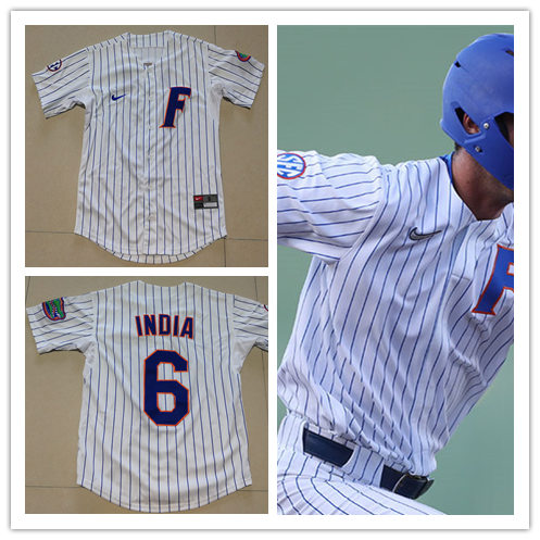 Mens Florida Gators #6 Jonathan India Nike 2021 White Pinstripe With Name College Baseball Alumni Jersey