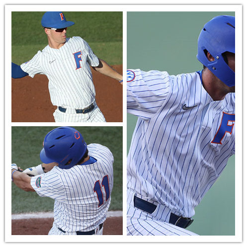 Mens Florida Gators #11 Nathan Hickey Nike 2021 White Pinstripe College Baseball Game Jersey