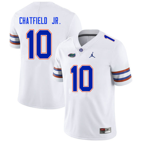 Mens Florida Gators #10 Andrew Chatfield Jr. White Jordan Brand College Football Game Jersey