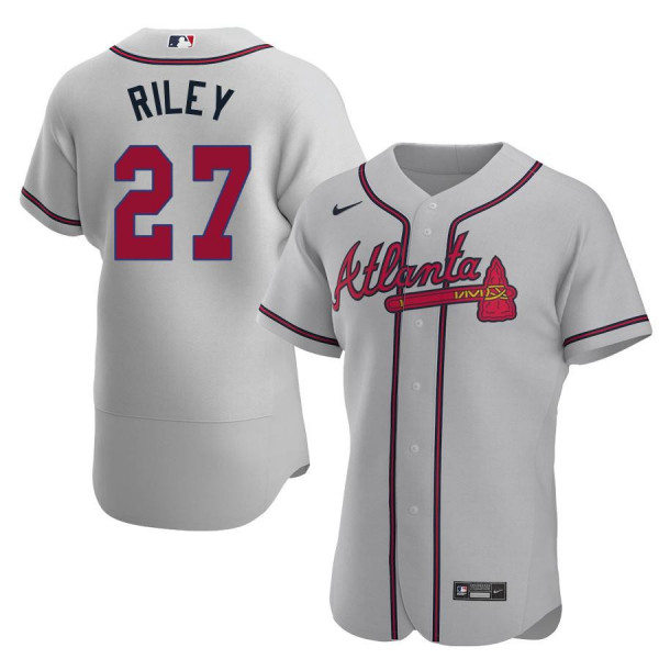 Mens Atlanta Braves #27 Austin Riley Nike MLB Grey Away Flex Base Jersey