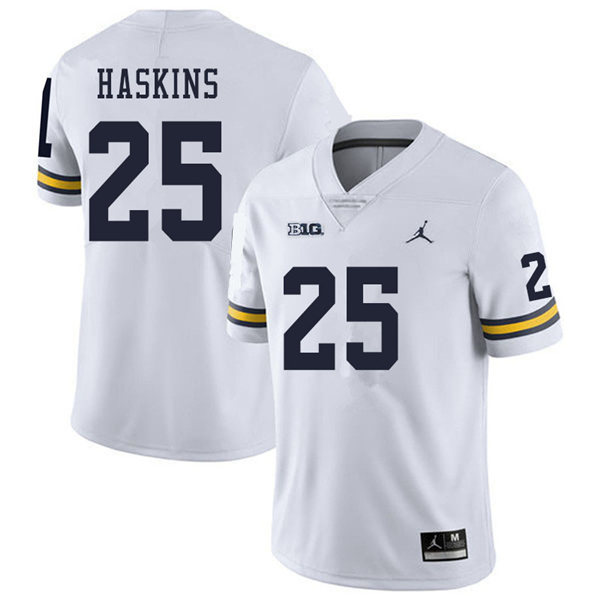 Mens Michigan Wolverines #25 Hassan Haskins Jordan Brand White College Football Game Jersey