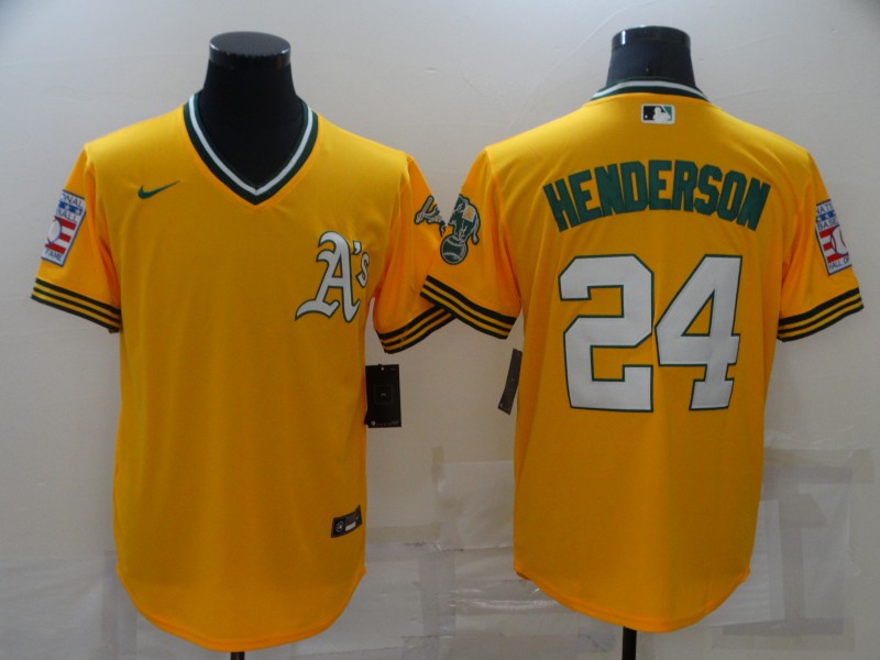 Mens Oakland Athletics Retired Player #24 Rickey Henderson Nike Gold Pullover Cooperstown Jersey