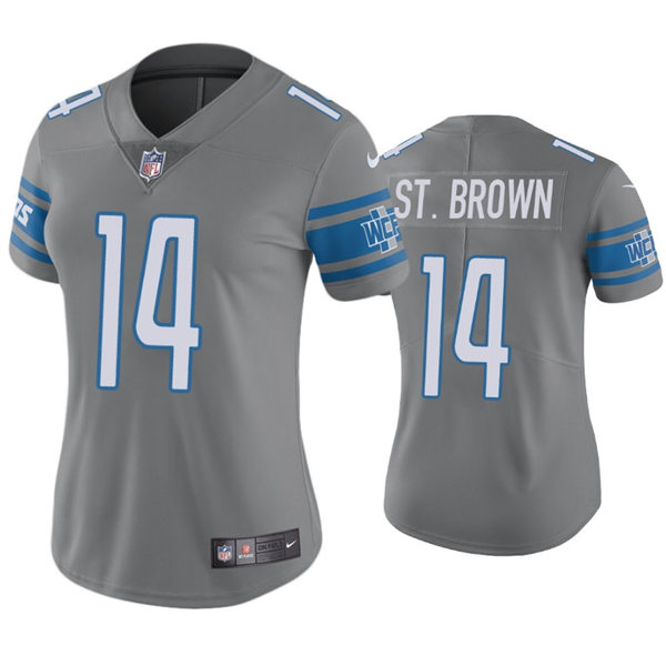 Womens Detroit Lions #14 Amon-Ra St. Brown Nike Silver Color Rush Jersey