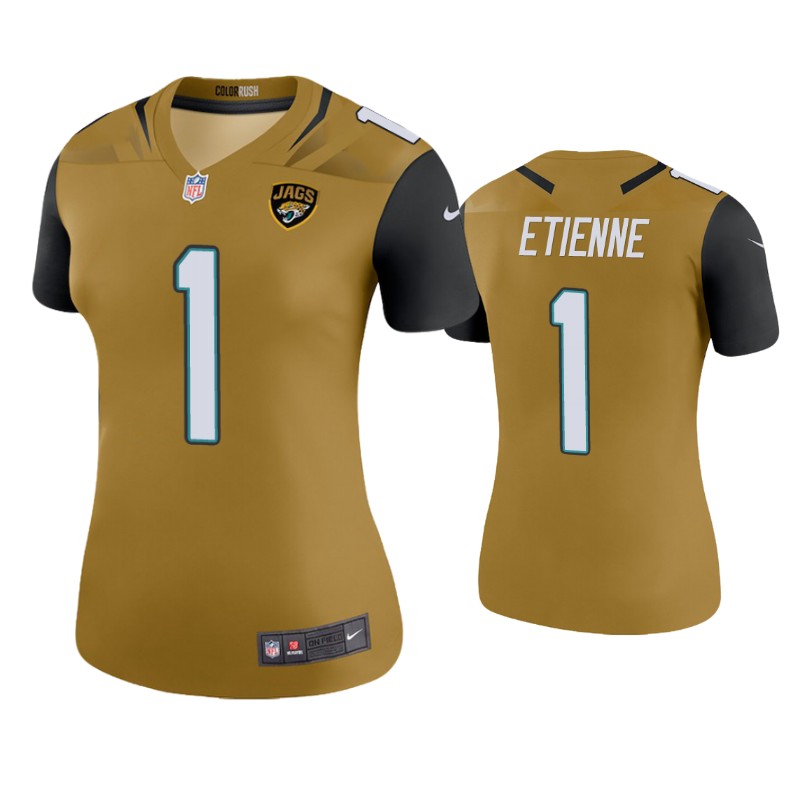 Womens Jacksonville Jaguars #1 Travis Etienne Nike Bold Gold Color Rush Jersey
