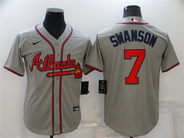 Mens Atlanta Braves #7 Dansby Swanson Nike Road Grey Cool Base Jersey