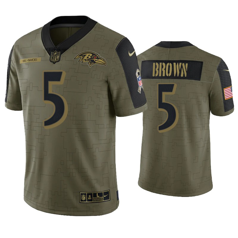 Mens Baltimore Ravens #5 Marquise Brown Nike Olive 2021 Salute To Service Limited Jersey