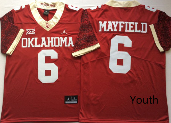 Youth Oklahoma Sooners #6 Baker Mayfield Jordan Brand Crimson Alternate Legend Football Jersey