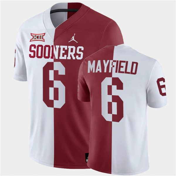 Men Oklahoma Sooners #6 Baker Mayfield White Crimson Jordan Brand Split Two-Tone Jersey