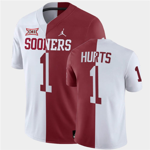 Men Oklahoma Sooners #1 Jalen Hurts White Crimson Jordan Brand Split Two-Tone Jersey