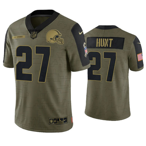 Mens Cleveland Browns #27 Kareem Hunt Stitched Nike Olive 2021 Salute To Service Limited Player Jersey