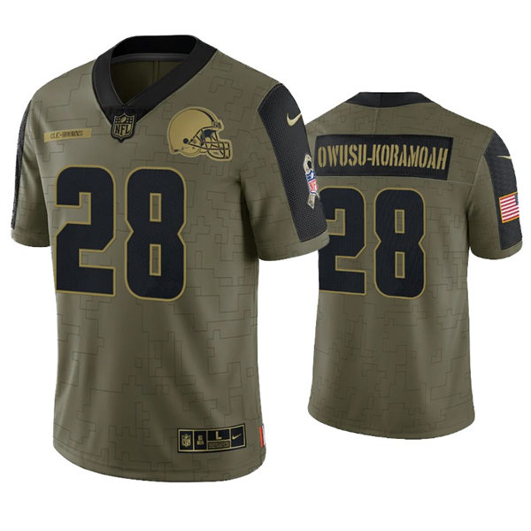 Mens Cleveland Browns #28 Jeremiah Owusu-Koramoah Stitched Nike Olive 2021 Salute To Service Limited Player Jersey