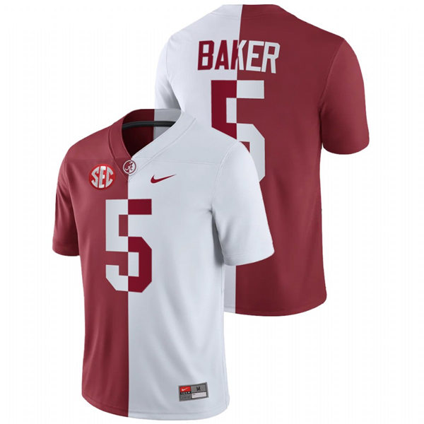 Mens Alabama Crimson Tide #5 Javon Baker White Crimson Nike Split Two-Tone Jersey