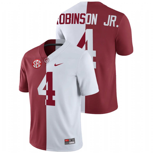 Mens Alabama Crimson Tide #4 Brian Robinson Jr. White Crimson Nike Split Two-Tone Jersey
