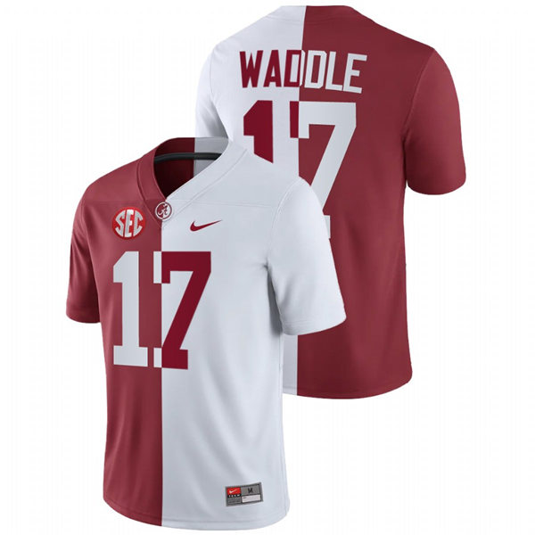 Mens Alabama Crimson Tide #17 Jaylen Waddle White Crimson Nike Split Two-Tone Jersey