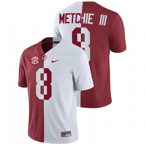Mens Alabama Crimson Tide #8 John Metchie III White Crimson Nike Split Two-Tone Jersey