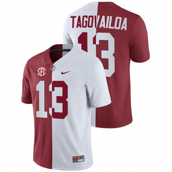 Mens Alabama Crimson Tide #13 Tua Tagovailoa White Crimson Nike Split Two-Tone Jersey