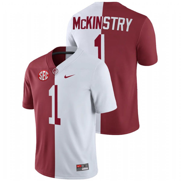 Mens Alabama Crimson Tide #1 Kool-Aid McKinstry White Crimson Nike Split Two-Tone Jersey