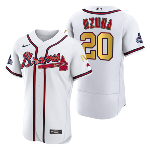 Mens Atlanta Braves #20 Marcell Ozuna Nike 2022 White Gold Program 4 Times World Series Champions Jersey