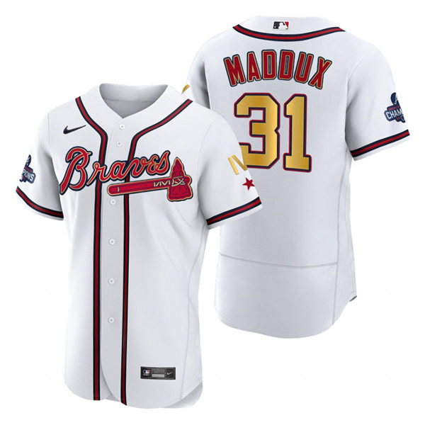 Mens Atlanta Braves Retired Player #31 Greg Maddux Nike 2022 White Gold Program 4 Times World Series Champions Jersey
