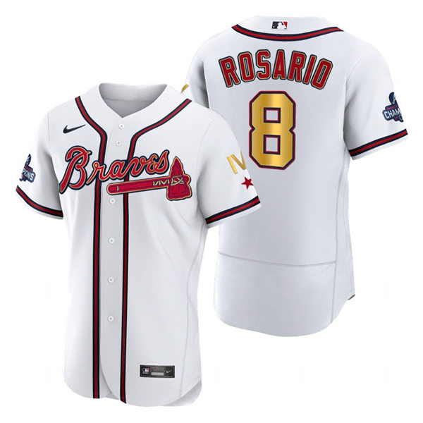 Mens Atlanta Braves #8 Eddie Rosario Nike 2022 White Gold Program 4 Times World Series Champions Jersey