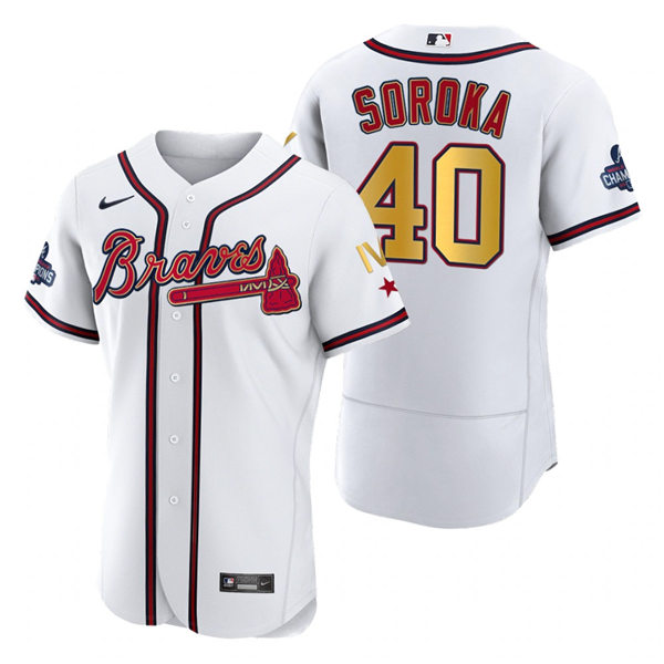 Mens Atlanta Braves #40 Mike Soroka Nike 2022 White Gold Program 4 Times World Series Champions Jersey