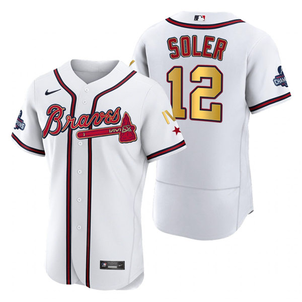 Mens Atlanta Braves #12 Jorge Soler Nike 2022 White Gold Program 4 Times World Series Champions Jersey