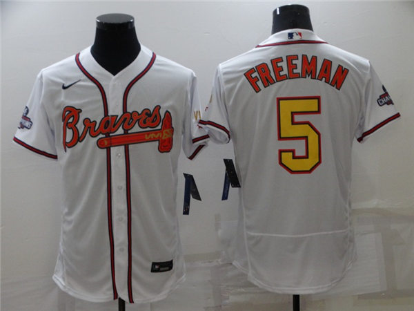 Mens Atlanta Braves #5 Freddie Freeman Nike 2022 White Gold Program 4 Times World Series Champions Jersey