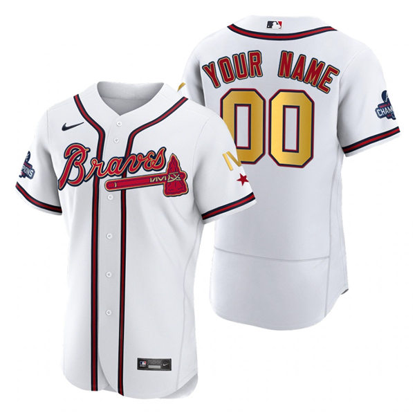 Mens Atlanta Braves Custom Nike 2022 White Gold Program 4 Times World Series Champions Jersey