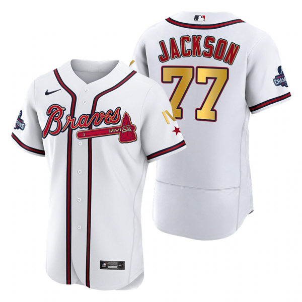 Mens Atlanta Braves #77 Luke Jackson Nike 2022 White Gold Program 4 Times World Series Champions Jersey