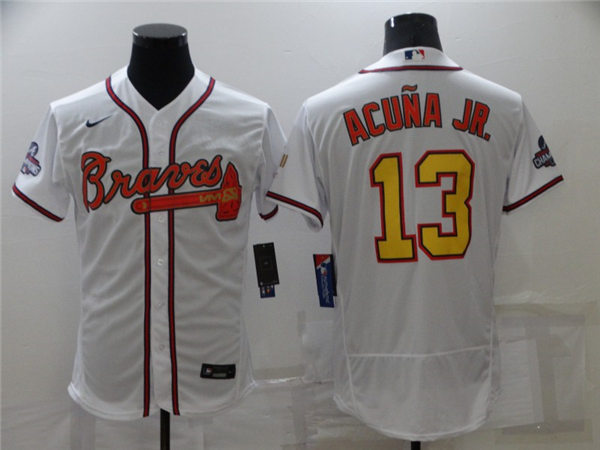 Mens Atlanta Braves #13 Ronald Acuna Jr Nike 2022 White Gold Program 4 Times World Series Champions Jersey