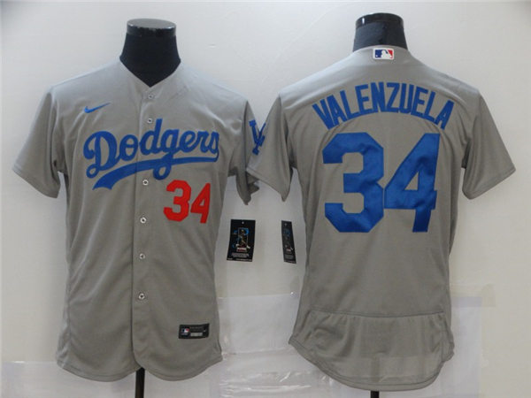 Mens Los Angeles Dodgers #34 Fernando Valenzuela Nike Grey Road FlexBase Jersey