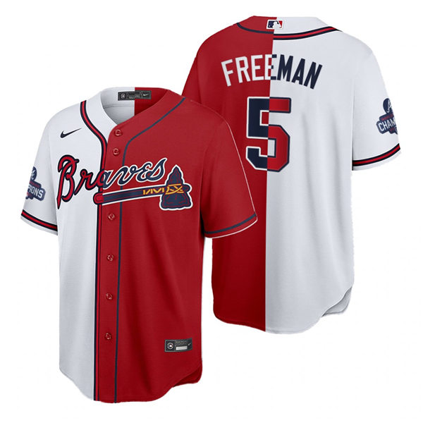 Mens Atlanta Braves #5 Freddie Freeman Nike Red White Split Two-Tone 2021 World Series Champions Jersey