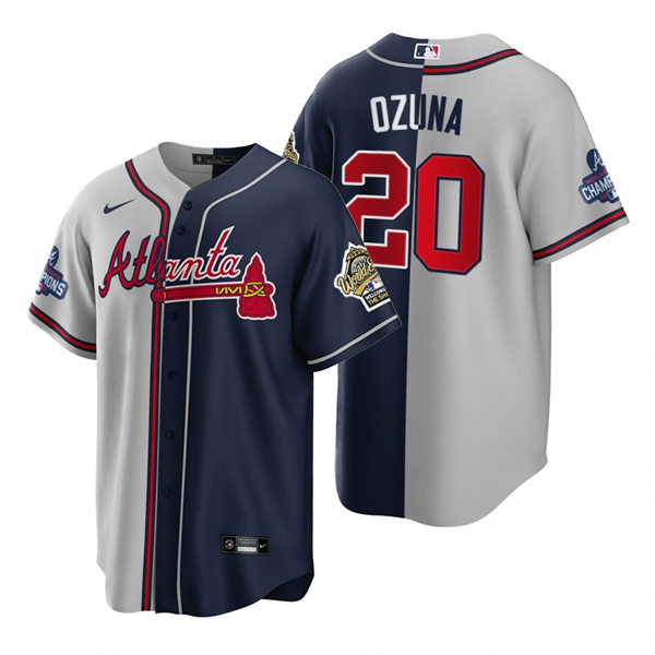 Mens Atlanta Braves #20 Marcell Ozuna Nike Grey Navy Split Two-Tone Jersey 