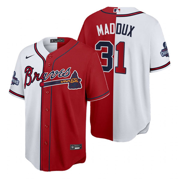 Mens Atlanta Braves #31 Greg Maddux Nike Red White Split Two-Tone 2021 World Series Champions Jersey