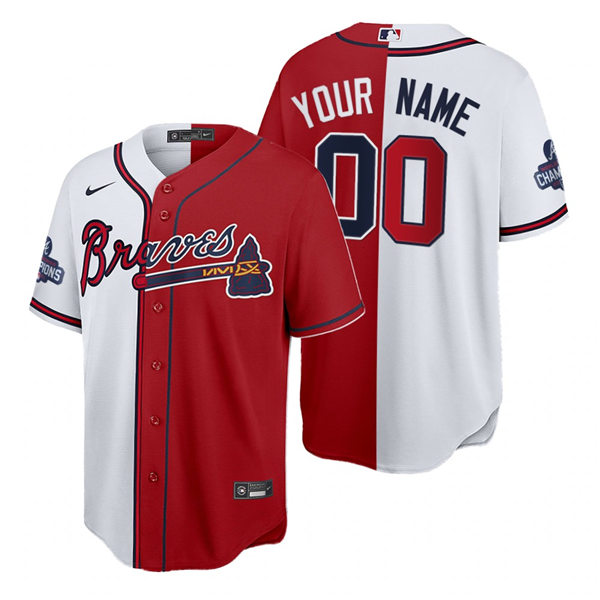 Mens Atlanta Braves Custom Nike Red White Split Two-Tone 2021 World Series Champions Jersey