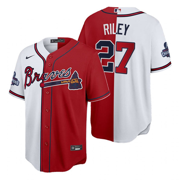 Mens Atlanta Braves #27 Austin Riley Nike Red White Split Two-Tone 2021 World Series Champions Jersey