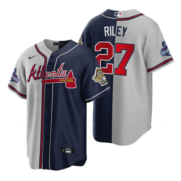 Mens Atlanta Braves #27 Austin Riley Nike Grey Navy Split Two-Tone Jersey 