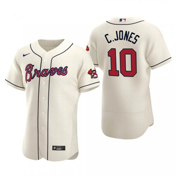 Mens Atlanta Braves Retired Player #10 Chipper Jones Nike Cream Alternate Flex Base Jersey 
