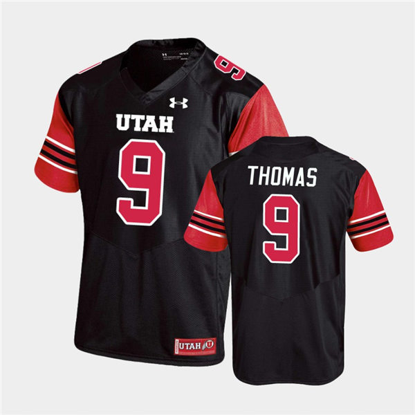 Mens Utah Utes #9 Tavion Thomas Under Armour Black stripe Sleeves Football Game Jersey