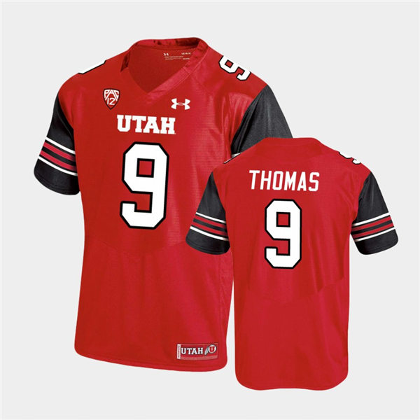 Mens Utah Utes #9 Tavion Thomas Under Armour Red stripe Sleeves Football Game Jersey