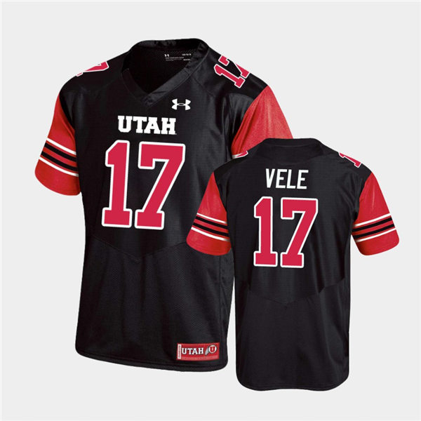 Mens Utah Utes #17 Devaughn Vele Under Armour Black stripe Sleeves Football Game Jersey