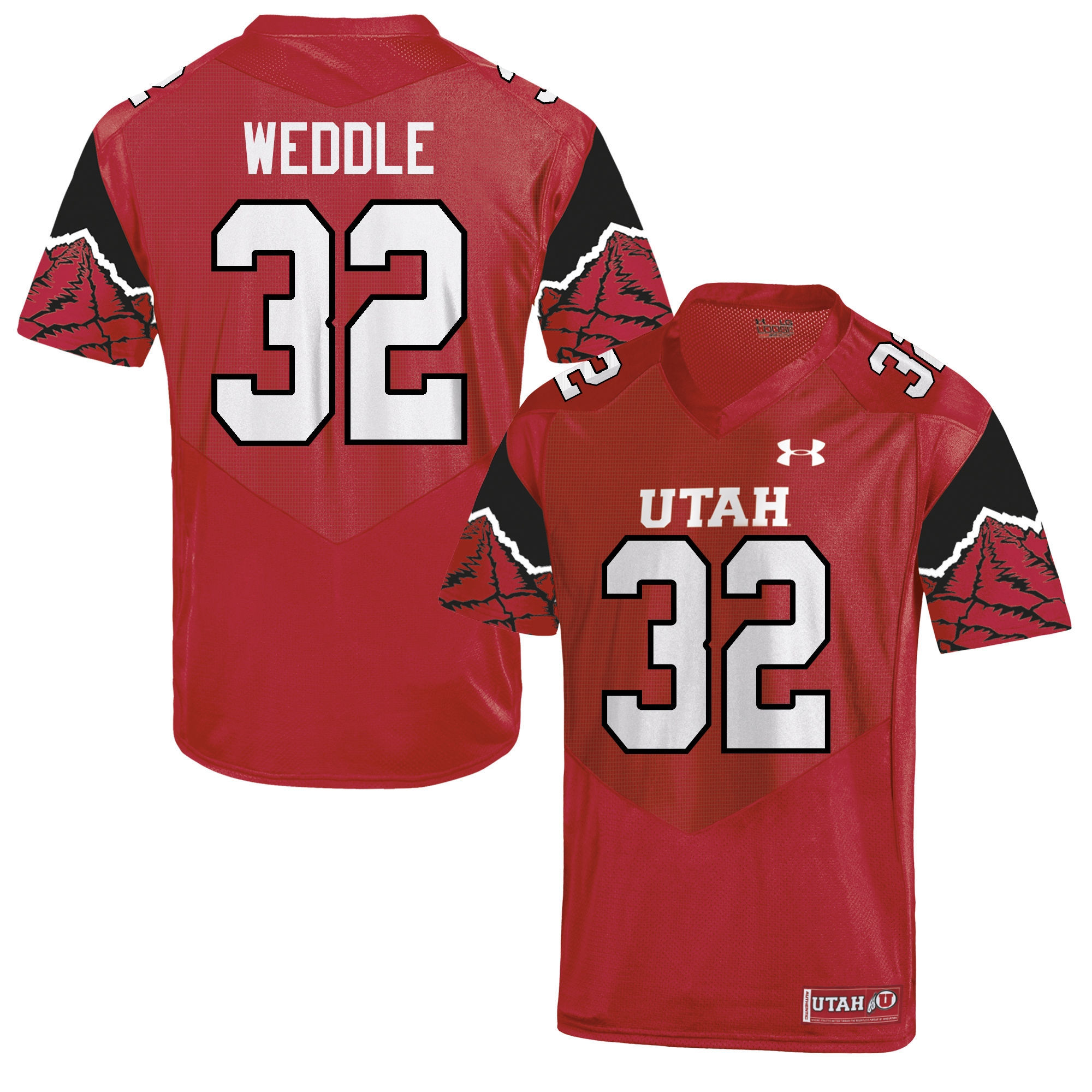 Mens Utah Utes #32 Eric Weddle Under Armour 1990's Red Printing Pattern Sleeves Football Jersey