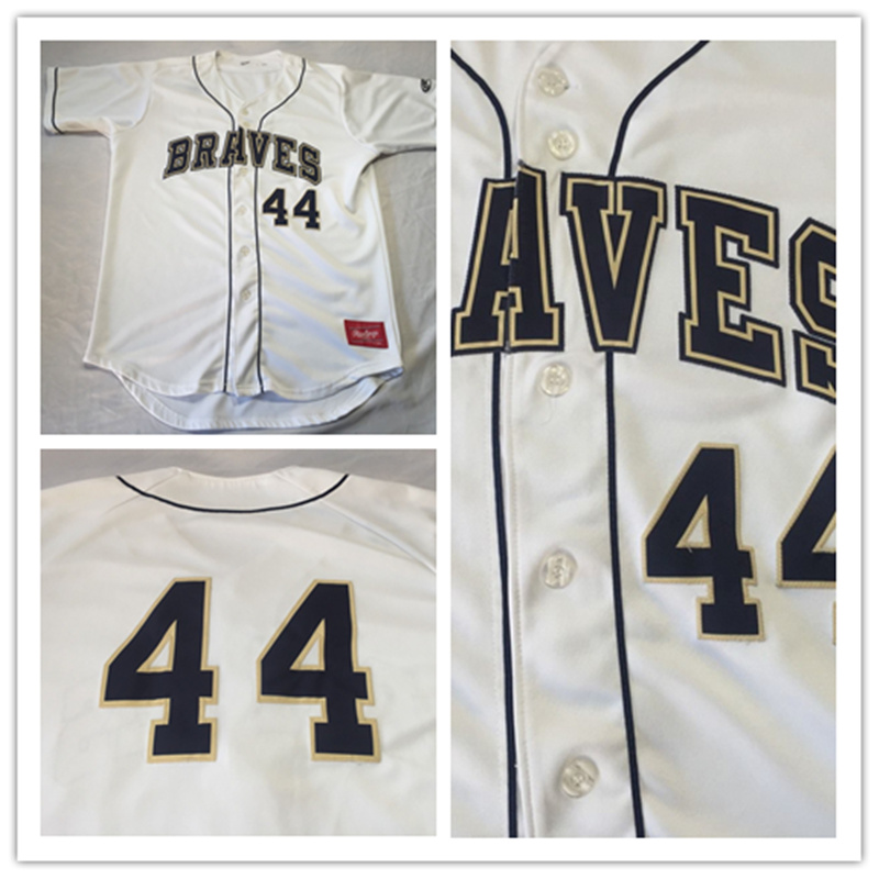 Mens Milwaukee Braves #44 Hank Aaron White Navy Mitchell&Ness Cooperstown Throwback Jersey