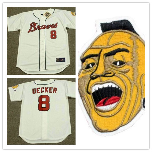 Mens Milwaukee Braves #8 Bob Uecker White 1960's Majestic Cooperstown Throwback Jersey