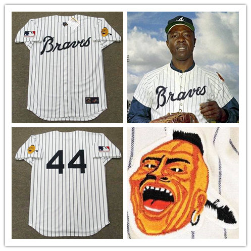 Mens Atlanta Braves #44 HANK AARON 1969 White Navy Pinstripe Majestic Cooperstown Jersey